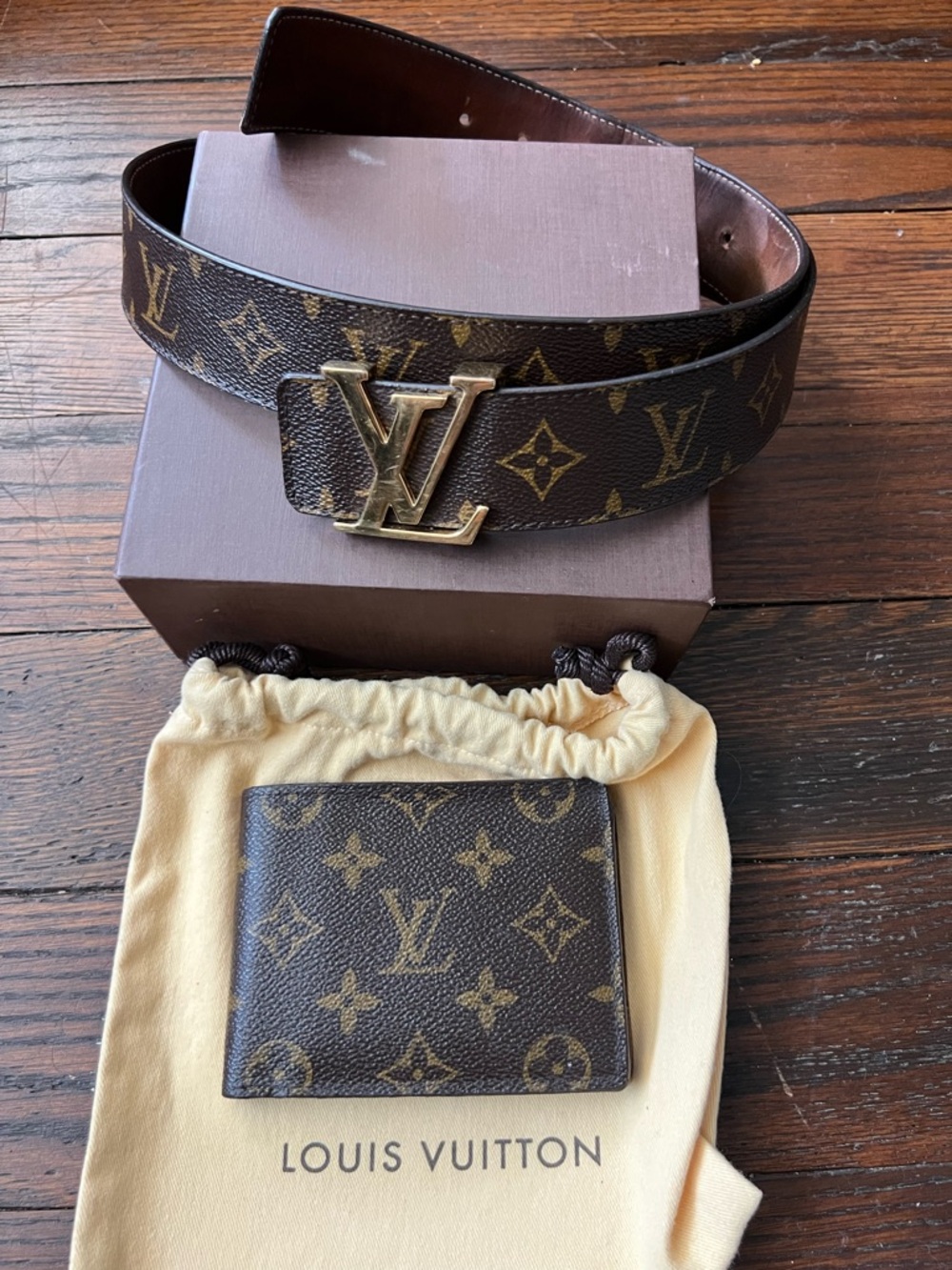 Louis Vuitton Brown Monogram Belt and Wallet Set with Gold Hardware